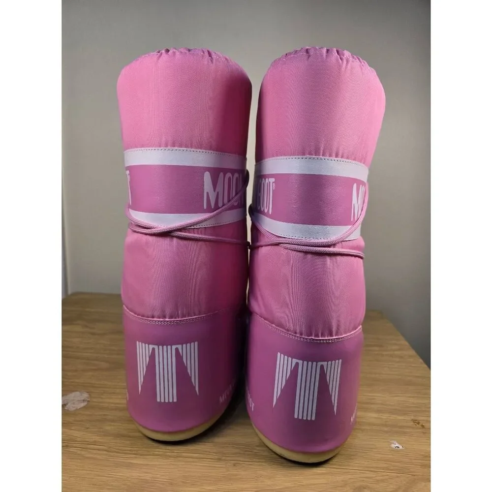 Moon Boot Icon Nylon Pink Women’s Snow Boots Size 12.5 Tall Lace Up Après-Ski
